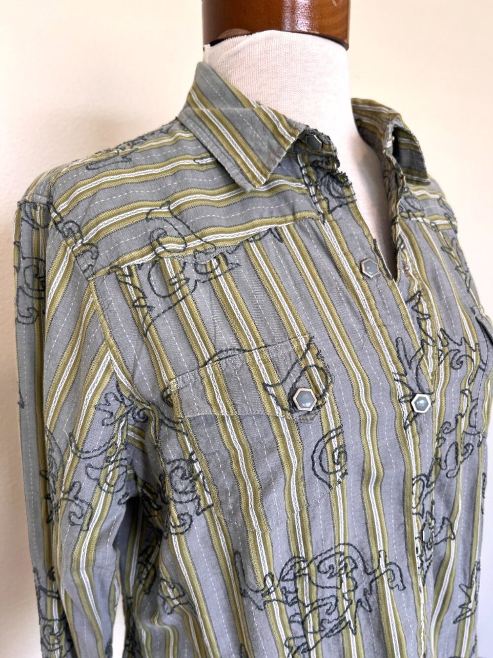 Roper - Womens Western Green Striped Embroidered Shirt - Size XL